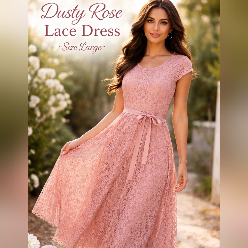 Candalite Elegant Long Dress Dusty Rose Lace With Ribbon Belt Size L
